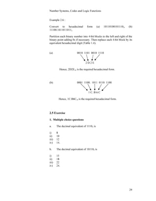 Number Systems, Codes and Logic Functions
29
Example 2.6 :
Convert to hexadecimal form (a) 101101001011102, (b)
11100.10110110112.
Partition each binary number into 4-bit blocks to the left and right of the
binary point adding 0s if necessary. Then replace each 4-bit block by its
equivalent hexadecimal digit (Table 1.4).
(a) 0010 1101 0010 1110
2 D 2 E
Hence, 2D2E16 is the required hexadecimal form.
(b) 0001 1100. 1011 0110 1100
1 C. B 6 C
Hence, 1C.B6C16 is the required hexadecimal form.
2.5 Exercise
1. Multiple choice questions
a. The decimal equivalent of 11102 is
i) 8
ii) 10
iii) 12
iv) 14.
b. The decimal equivalent of 101102 is
i) 15
ii) 18
iii) 22
iv) 24.
 