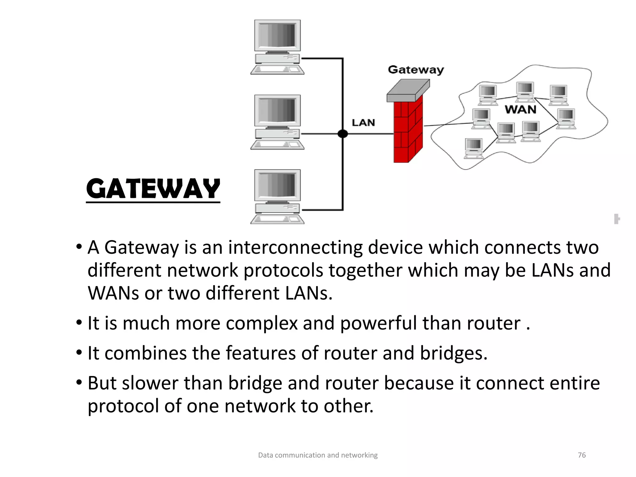 GATEWAY
• A Gateway is an interconnecting device which connects two
different network protocols together which may be LANs and
WANs or two different LANs.
• It is much more complex and powerful than router .
• It combines the features of router and bridges.
• But slower than bridge and router because it connect entire
protocol of one network to other.
Data communication and networking 76
 