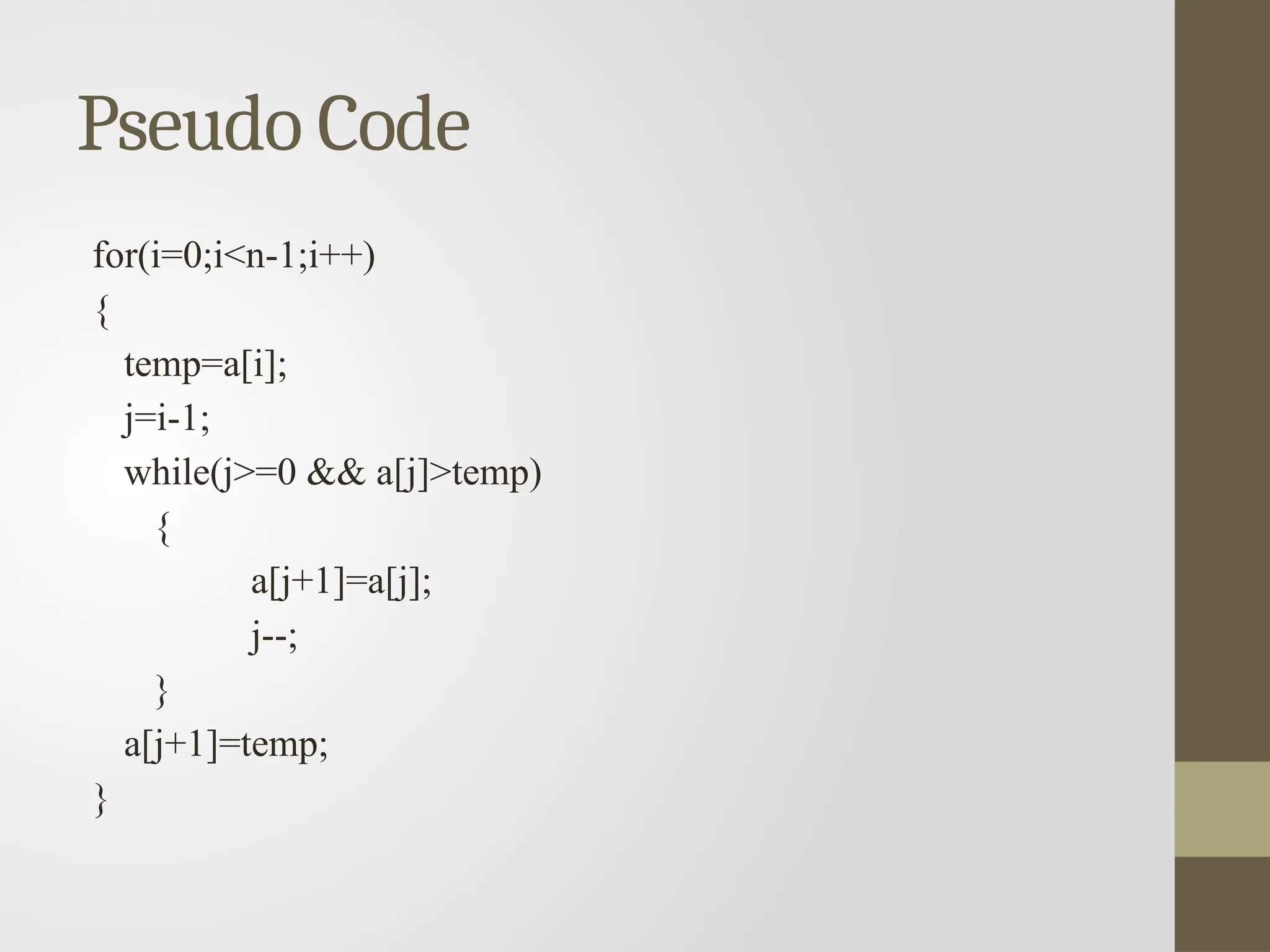 Pseudo Code
for(i=0;i<n-1;i++)
{
temp=a[i];
j=i-1;
while(j>=0 && a[j]>temp)
{
a[j+1]=a[j];
j--;
}
a[j+1]=temp;
}
 