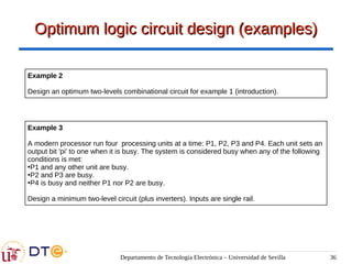 Departamento de Tecnología Electrónica – Universidad de Sevilla 36
Optimum logic circuit design (examples)
Optimum logic circuit design (examples)
Example 3
A modern processor run four processing units at a time: P1, P2, P3 and P4. Each unit sets an
output bit 'pi' to one when it is busy. The system is considered busy when any of the following
conditions is met:
●
P1 and any other unit are busy.
●
P2 and P3 are busy.
●
P4 is busy and neither P1 nor P2 are busy.
Design a minimum two-level circuit (plus inverters). Inputs are single rail.
Example 2
Design an optimum two-levels combinational circuit for example 1 (introduction).
 