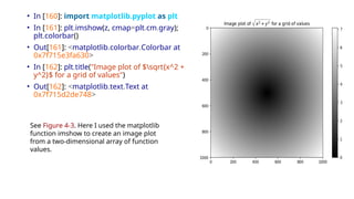 • In [160]: import matplotlib.pyplot as plt
• In [161]: plt.imshow(z, cmap=plt.cm.gray);
plt.colorbar()
• Out[161]: <matplotlib.colorbar.Colorbar at
0x7f715e3fa630>
• In [162]: plt.title("Image plot of $sqrt{x^2 +
y^2}$ for a grid of values")
• Out[162]: <matplotlib.text.Text at
0x7f715d2de748>
See Figure 4-3. Here I used the matplotlib
function imshow to create an image plot
from a two-dimensional array of function
values.
 