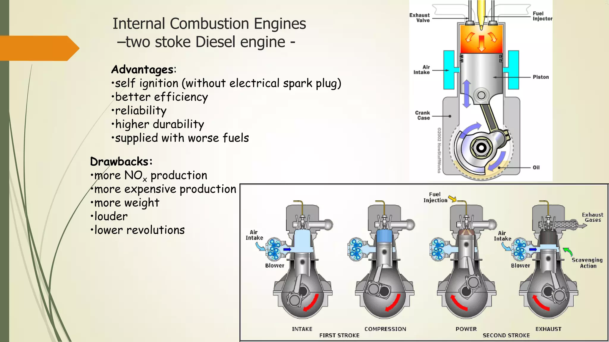 Internal Combustion Engines
–two stoke Diesel engine -
Advantages:
•self ignition (without electrical spark plug)
•better efficiency
•reliability
•higher durability
•supplied with worse fuels
Drawbacks:
•more NOx production
•more expensive production
•more weight
•louder
•lower revolutions
 