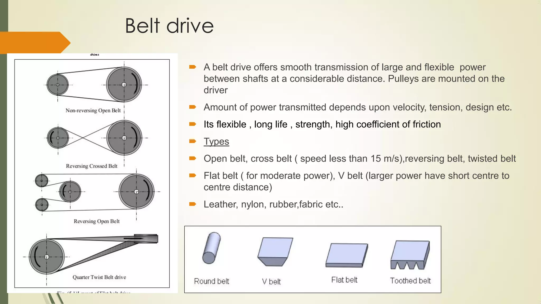 Belt drive
 A belt drive offers smooth transmission of large and flexible power
between shafts at a considerable distance. Pulleys are mounted on the
driver
 Amount of power transmitted depends upon velocity, tension, design etc.
 Its flexible , long life , strength, high coefficient of friction
 Types
 Open belt, cross belt ( speed less than 15 m/s),reversing belt, twisted belt
 Flat belt ( for moderate power), V belt (larger power have short centre to
centre distance)
 Leather, nylon, rubber,fabric etc..
 
