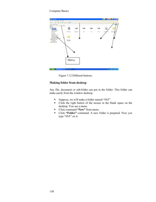 Computer Basics
158
Figure 7.12 Different buttons.
Making folder from desktop
Any file, document or sub-folder can put in the folder. This folder can
make easily from the window desktop.
Suppose, we will make a folder named “SST”
Click the right button of the mouse in the blank space on the
desktop. You see a menu.
Click command “New” from menu.
Click “Folder” command. A new folder is prepared. Now you
type “SST” on it.
 