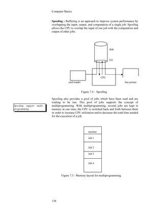 Computer Basics
136
Spooling : Buffering is an approach to improve system performance by
overlapping the input, output, and computation of a single job. Spooling
allows the CPU to overlap the input of one job with the computation and
output of other jobs.
disk
I/O
card reader line printer
Figure 7.4 : Spooling
Spooling also provides a pool of jobs which have been read and are
waiting to be run. This pool of jobs supports the concept of
multiprogramming. With multiprogramming, several jobs are kept in
memory at one time; the CPU is switched back and forth between them
in order to increase CPU utilization and to decrease the total time needed
for the execution of a job.
Figure 7.5 : Memory layout for multiprogramming.
monitor
Job 1
Job 2
Job 3
Job 4
CPU
Spooling support multi-
programming.
 