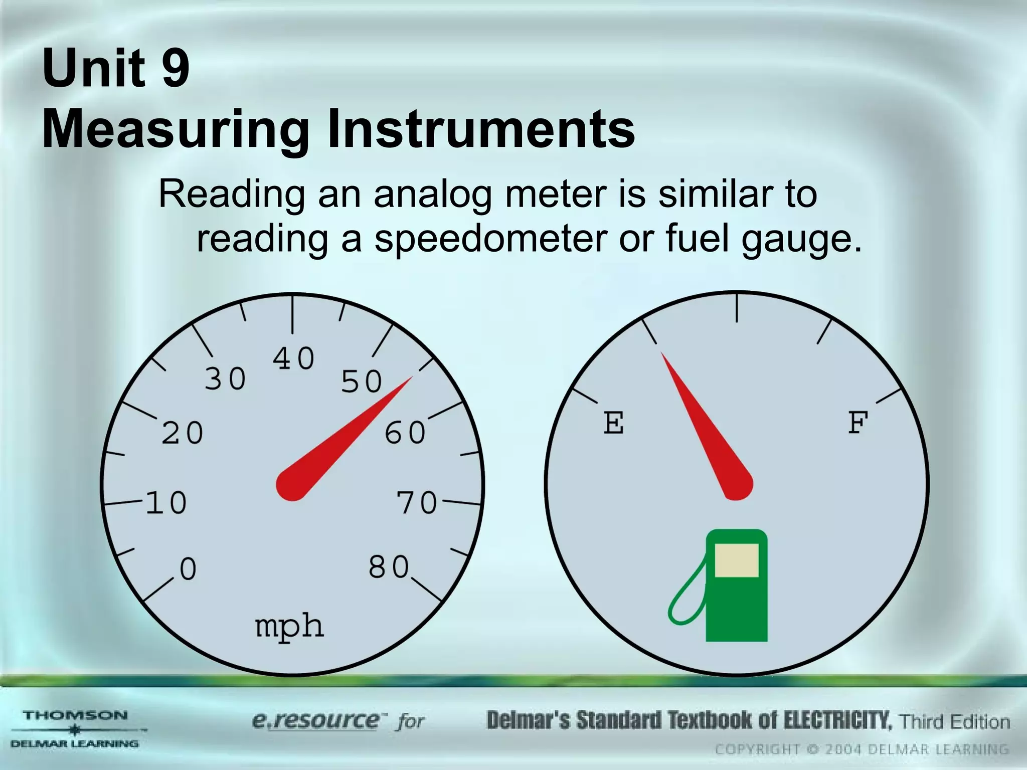 Reading an analog meter is similar to reading a speedometer or fuel gauge. Unit 9  Measuring Instruments 