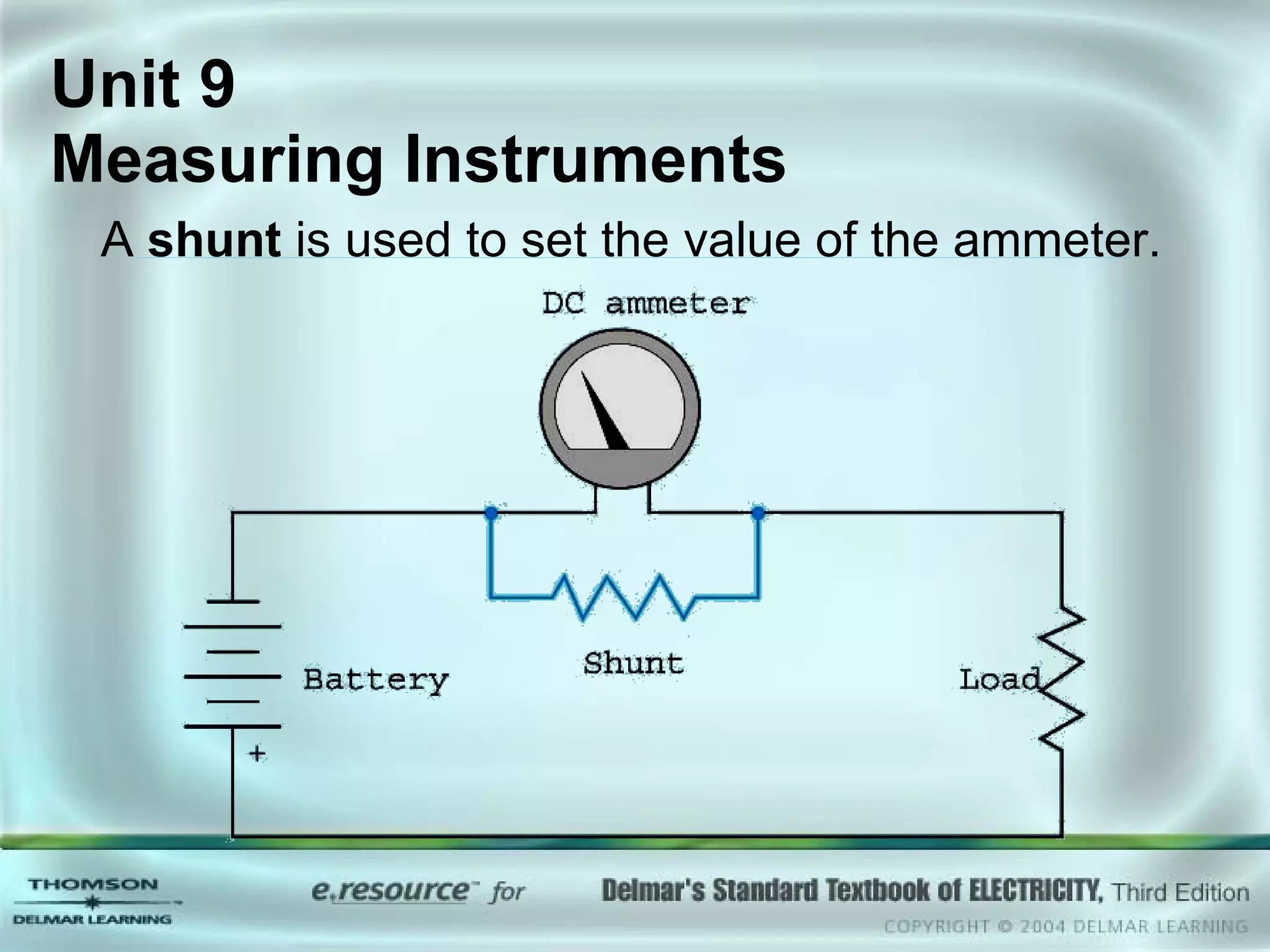 Unit 9  Measuring Instruments A  shunt  is used to set the value of the ammeter. 