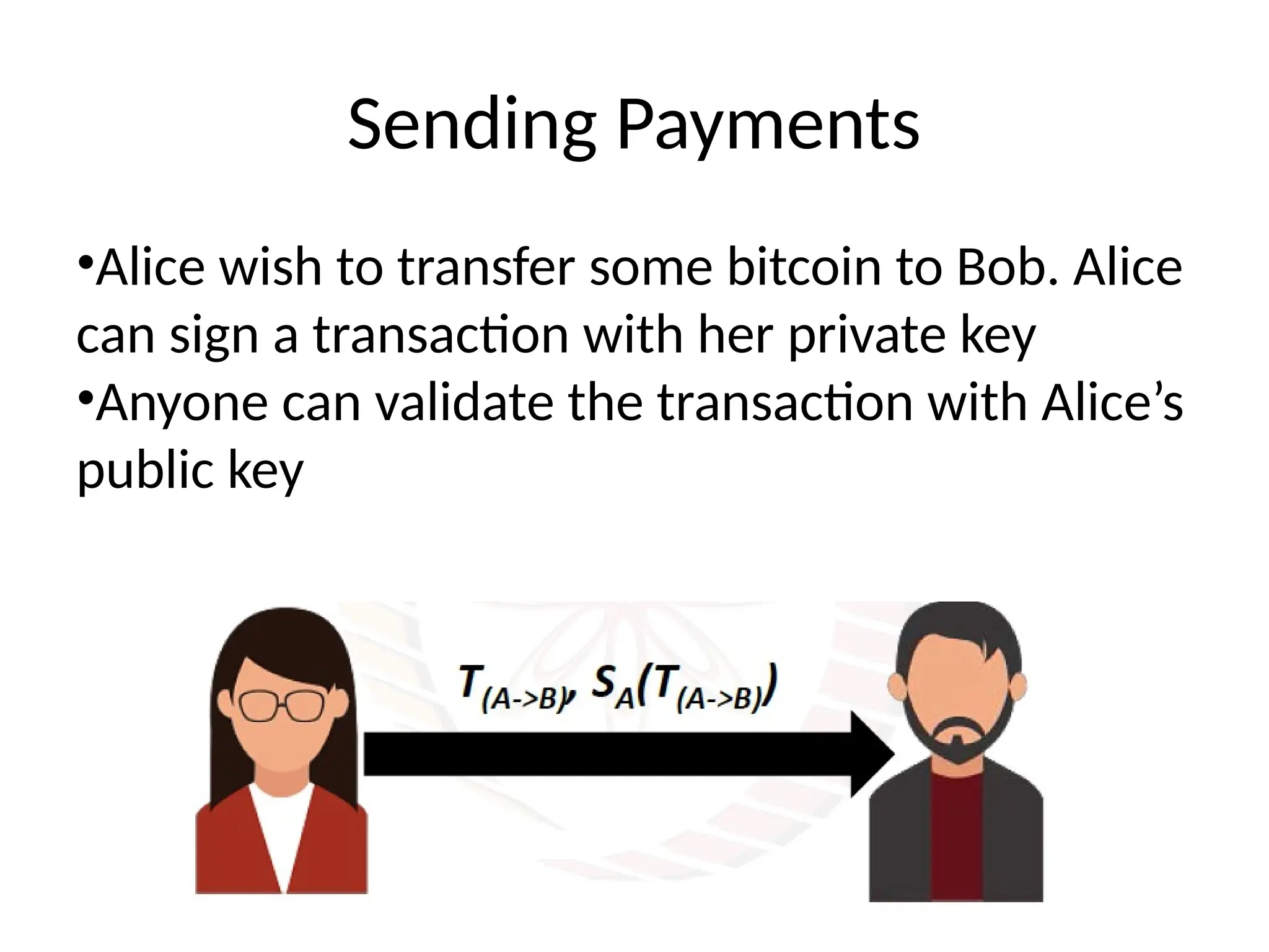 Sending Payments
•Alice wish to transfer some bitcoin to Bob. Alice
can sign a transaction with her private key
•Anyone can validate the transaction with Alice’s
public key
 