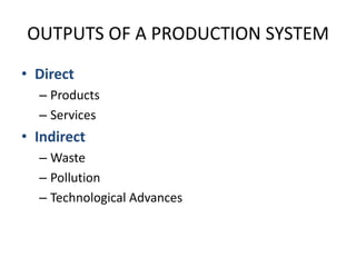 OUTPUTS OF A PRODUCTION SYSTEMDirectProductsServicesIndirectWastePollutionTechnological Advances