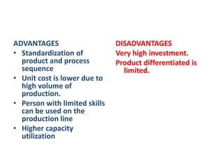 ADVANTAGESStandardization of product and process sequenceUnit cost is lower due to high volume of production.Person with limited skills can be used on the production lineHigher capacity utilizationDISADVANTAGESVery high investment.Product differentiated is limited.