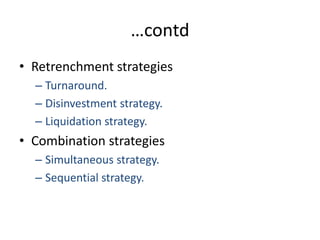 …contdRetrenchment strategiesTurnaround.Disinvestment strategy.Liquidation strategy.Combination strategiesSimultaneous strategy.Sequential strategy.