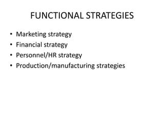 FUNCTIONAL STRATEGIESMarketing strategyFinancial strategyPersonnel/HR strategyProduction/manufacturing strategies