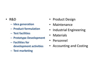 R&DIdea generationProduct formulationTest facilitiesPrototype DevelopmentFacilities for development activitiesTest marketingProduct DesignMaintenanceIndustrial EngineeringMaterialsPersonnelAccounting and Costing