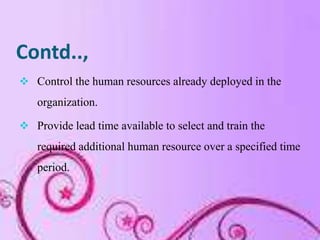 Contd..,
 Control the human resources already deployed in the
   organization.

 Provide lead time available to select and train the
   required additional human resource over a specified time
   period.
 
