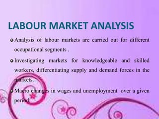 LABOUR MARKET ANALYSIS
 Analysis of labour markets are carried out for different
 occupational segments .
 Investigating markets for knowledgeable and skilled
 workers, differentiating supply and demand forces in the
 markets.
 Macro changes in wages and unemployment over a given
 period.
 