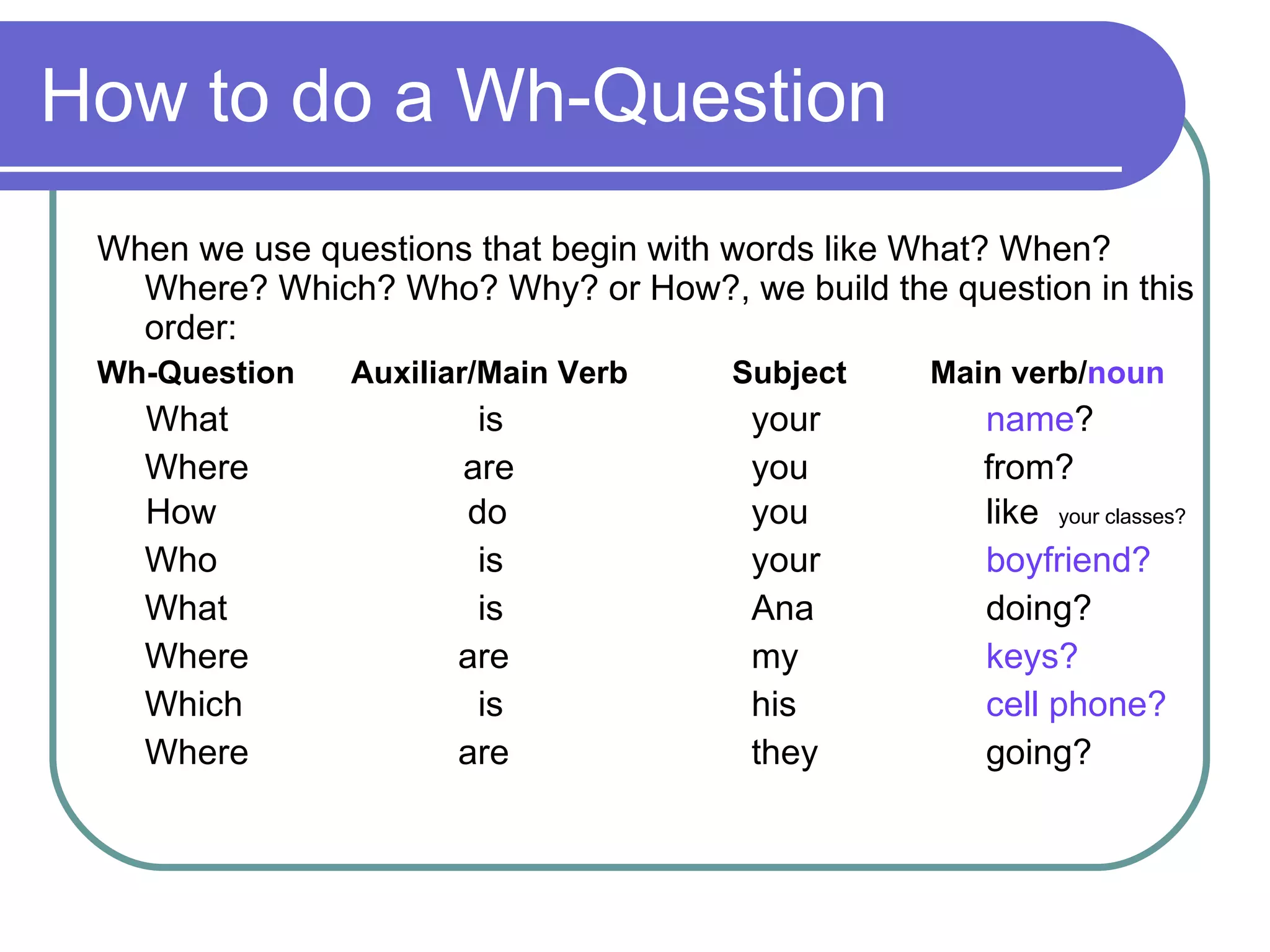 How to do a Wh-Question When we use questions that begin with words like What? When? Where? Which? Who? Why? or How?, we build the question in this order: Wh-Question Auxiliar/Main Verb Subject   Main verb/ noun What is    your name ? Where  are    you  from? How   do   you  like  your classes? Who is   your  boyfriend? What  is    Ana doing? Where   are    my keys? Which is    his cell phone? Where   are   they going? 