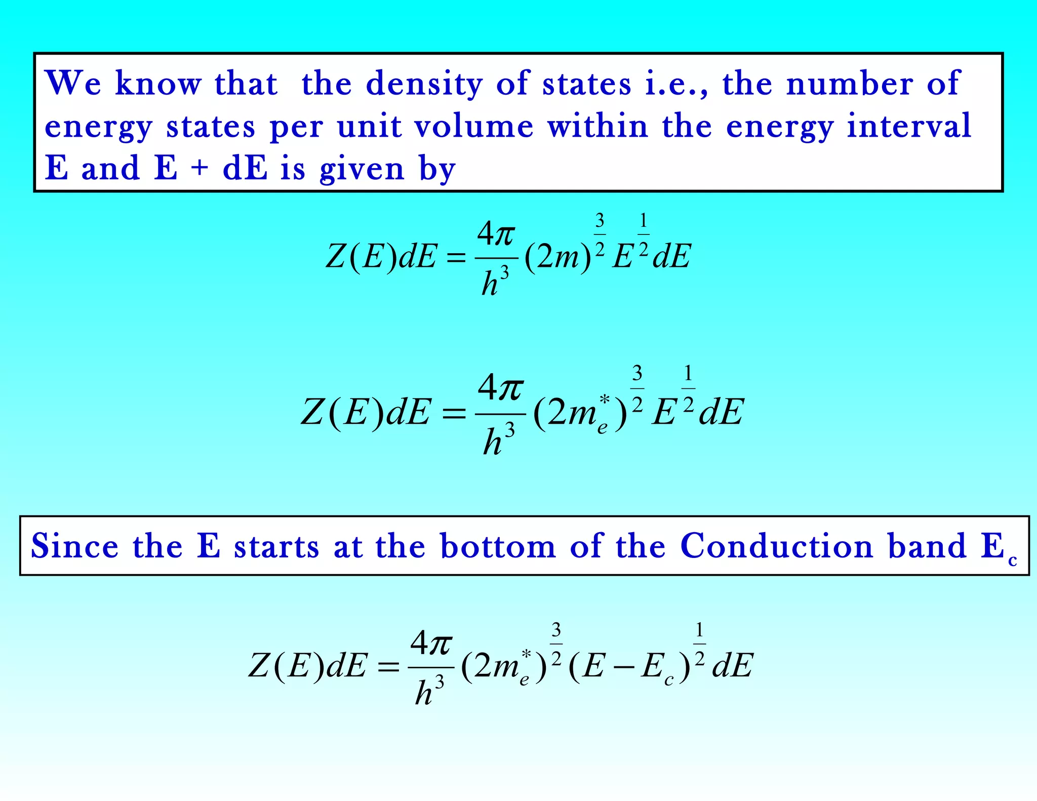 dEEEm
h
dEEZ ce
2
1
2
3
3
)()2(
4
)( −= ∗π
Since the E starts at the bottom of the Conduction band Ec
dEEm
h
dEEZ e
2
1
2
3
3
)2(
4
)( ∗
=
π
We know that the density of states i.e., the number of
energy states per unit volume within the energy interval
E and E + dE is given by
dEEm
h
dEEZ 2
1
2
3
3
)2(
4
)(
π
=
 