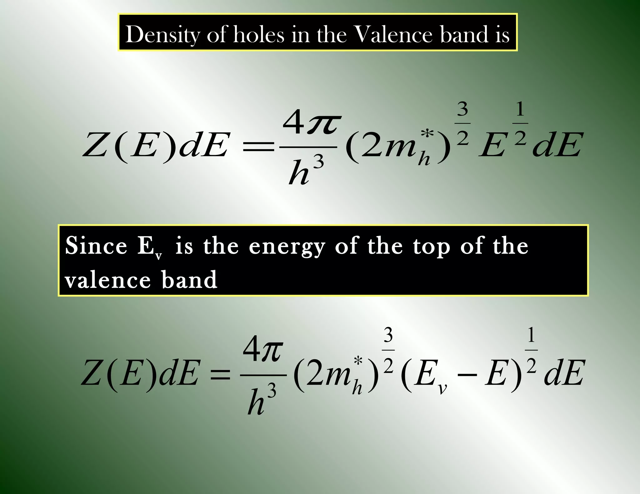 dEEm
h
dEEZ h
2
1
2
3
3
)2(
4
)( ∗
=
π
Density of holes in the Valence band is
Since Ev is the energy of the top of the
valence band
dEEEm
h
dEEZ vh
2
1
2
3
3
)()2(
4
)( −= ∗π
 