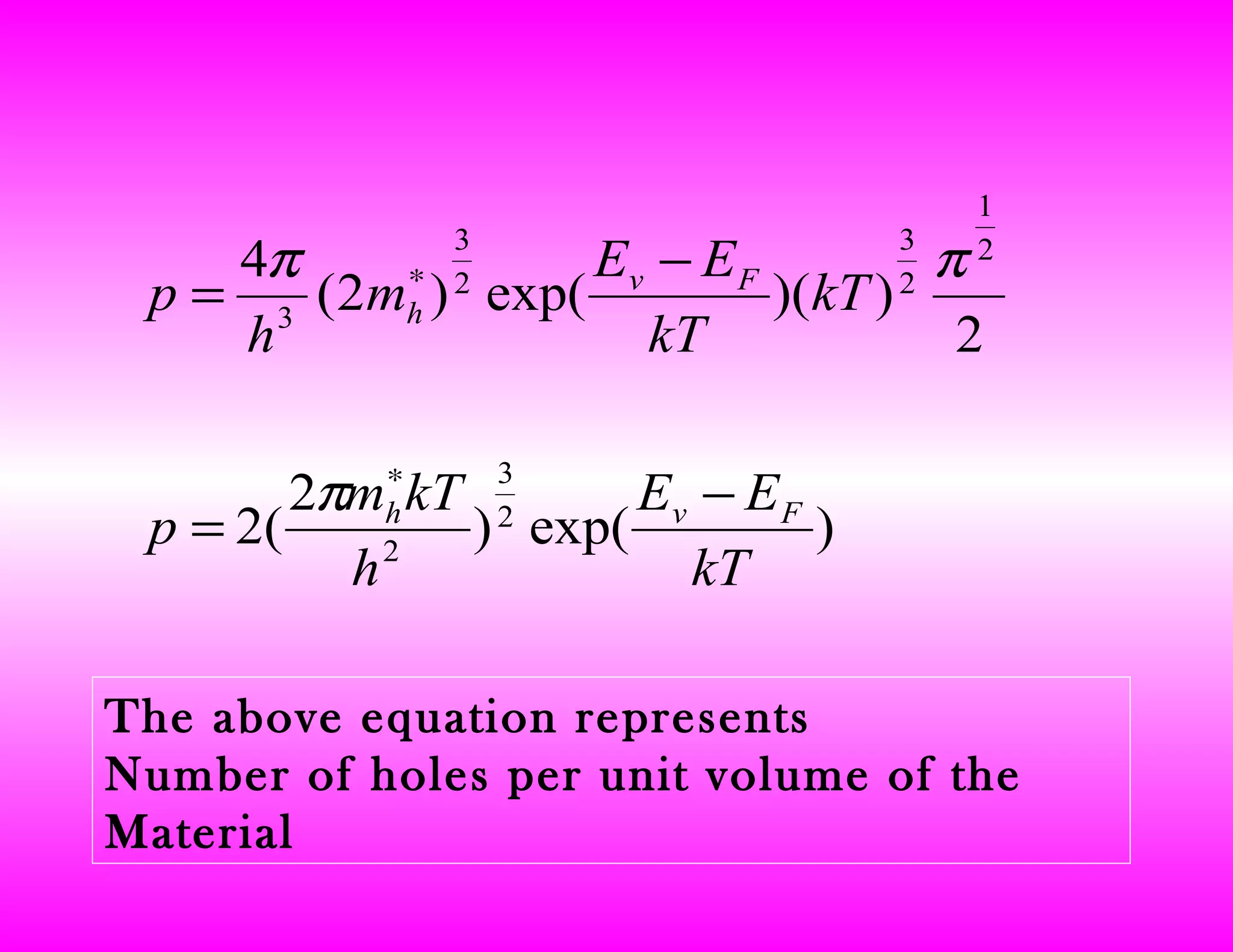 )exp()
2
(2
2
))(exp()2(
4
2
3
2
2
1
2
3
2
3
3
kT
EE
h
kTm
p
kT
kT
EE
m
h
p
Fvh
Fv
h
−
=
−
=
∗
∗
π
ππ
The above equation represents
Number of holes per unit volume of the
Material
 
