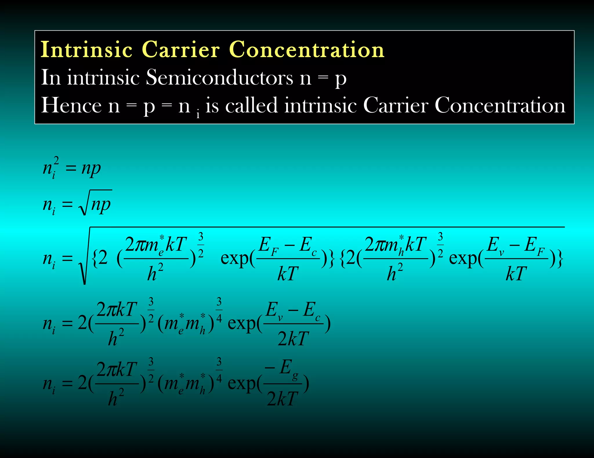 Intrinsic Carrier Concentration
In intrinsic Semiconductors n = p
Hence n = p = n i is called intrinsic Carrier Concentration
)
2
exp()()
2
(2
)
2
exp()()
2
(2
)}exp()
2
(2)}{exp()
2
(2{
4
3
2
3
2
4
3
2
3
2
2
3
2
2
3
2
2
kT
E
mm
h
kT
n
kT
EE
mm
h
kT
n
kT
EE
h
kTm
kT
EE
h
kTm
n
npn
npn
g
hei
cv
hei
FvhcFe
i
i
i
−
=
−
=
−−
=
=
=
∗∗
∗∗
∗∗
π
π
ππ
 