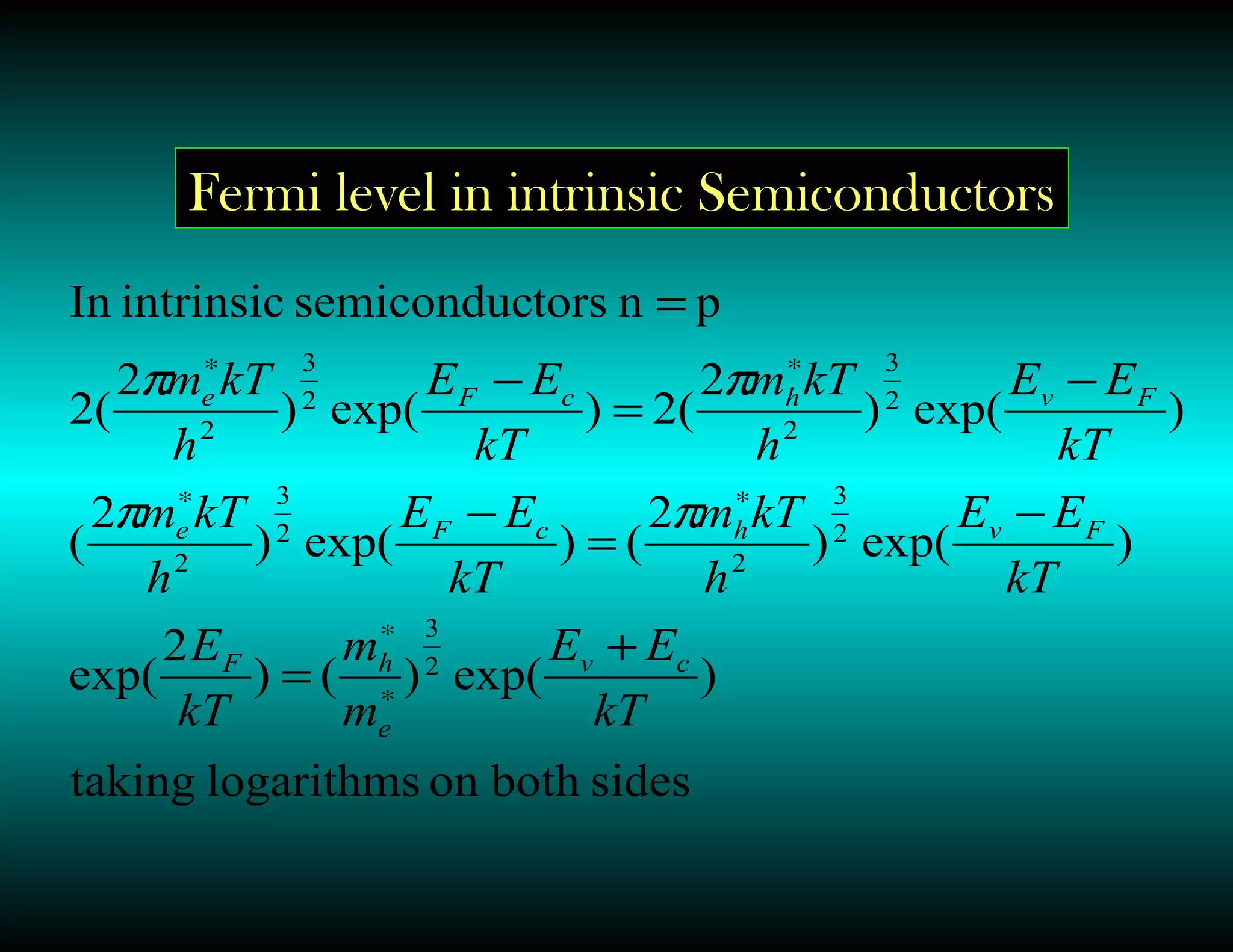 Fermi level in intrinsic Semiconductors
sidesbothonlogarithmstaking
)exp()()
2
exp(
)exp()
2
()exp()
2
(
)exp()
2
(2)exp()
2
(2
pntorssemiconducintrinsicIn
2
3
2
3
2
2
3
2
2
3
2
2
3
2
kT
EE
m
m
kT
E
kT
EE
h
kTm
kT
EE
h
kTm
kT
EE
h
kTm
kT
EE
h
kTm
cv
e
hF
FvhcFe
FvhcFe
+
=
−
=
−
−
=
−
=
∗
∗
∗∗
∗∗
ππ
ππ
 