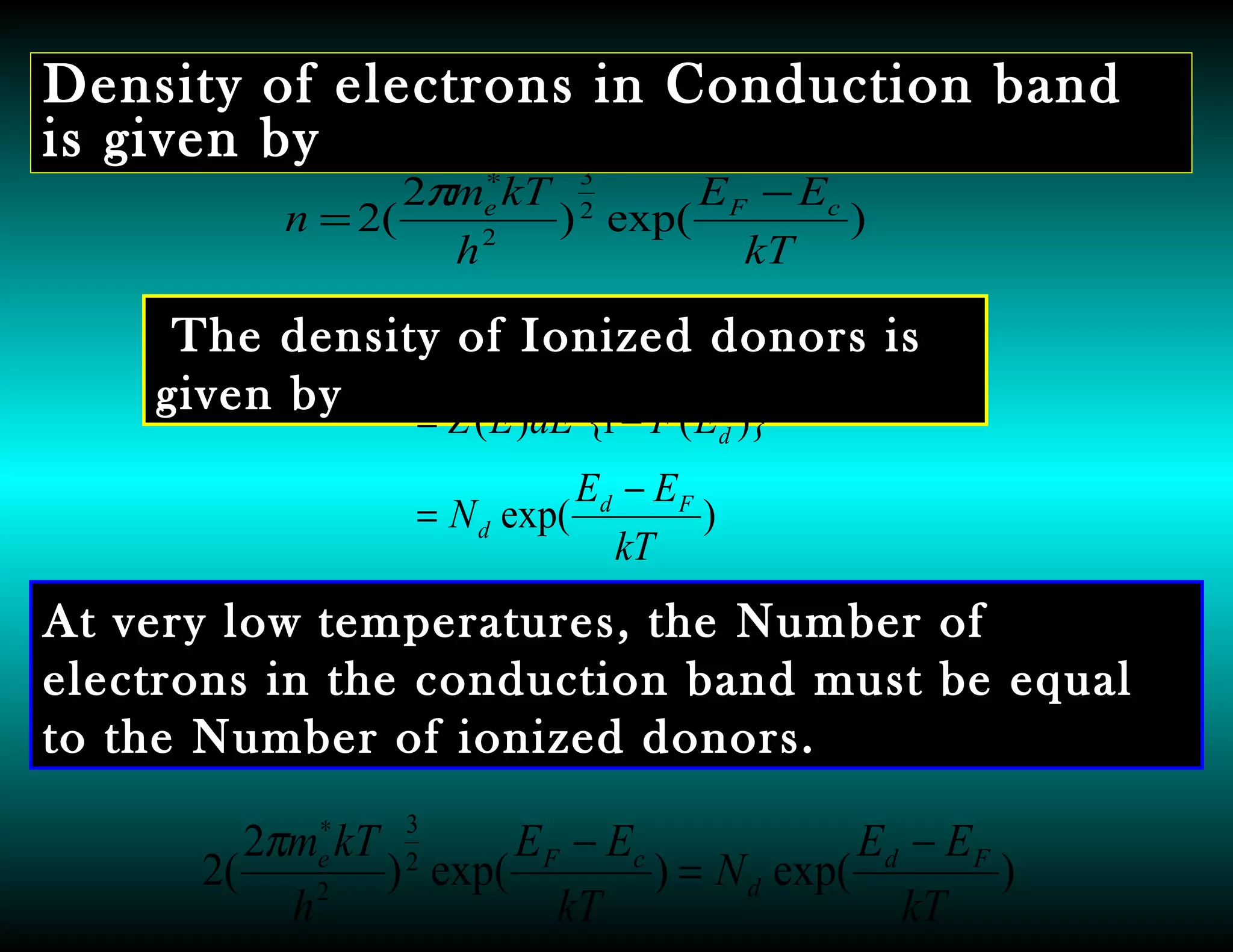 )exp()
2
(2 2
3
2
kT
EE
h
kTm
n cFe −
=
∗
π
The density of Ionized donors is
given by
)exp(
)}(1{)(
kT
EE
N
EFdEEZ
Fd
d
d
−
=
−=
At very low temperatures, the Number of
electrons in the conduction band must be equal
to the Number of ionized donors.
)exp()exp()
2
(2 2
3
2
kT
EE
N
kT
EE
h
kTm Fd
d
cFe −
=
−∗
π
Density of electrons in Conduction band
is given by
 
