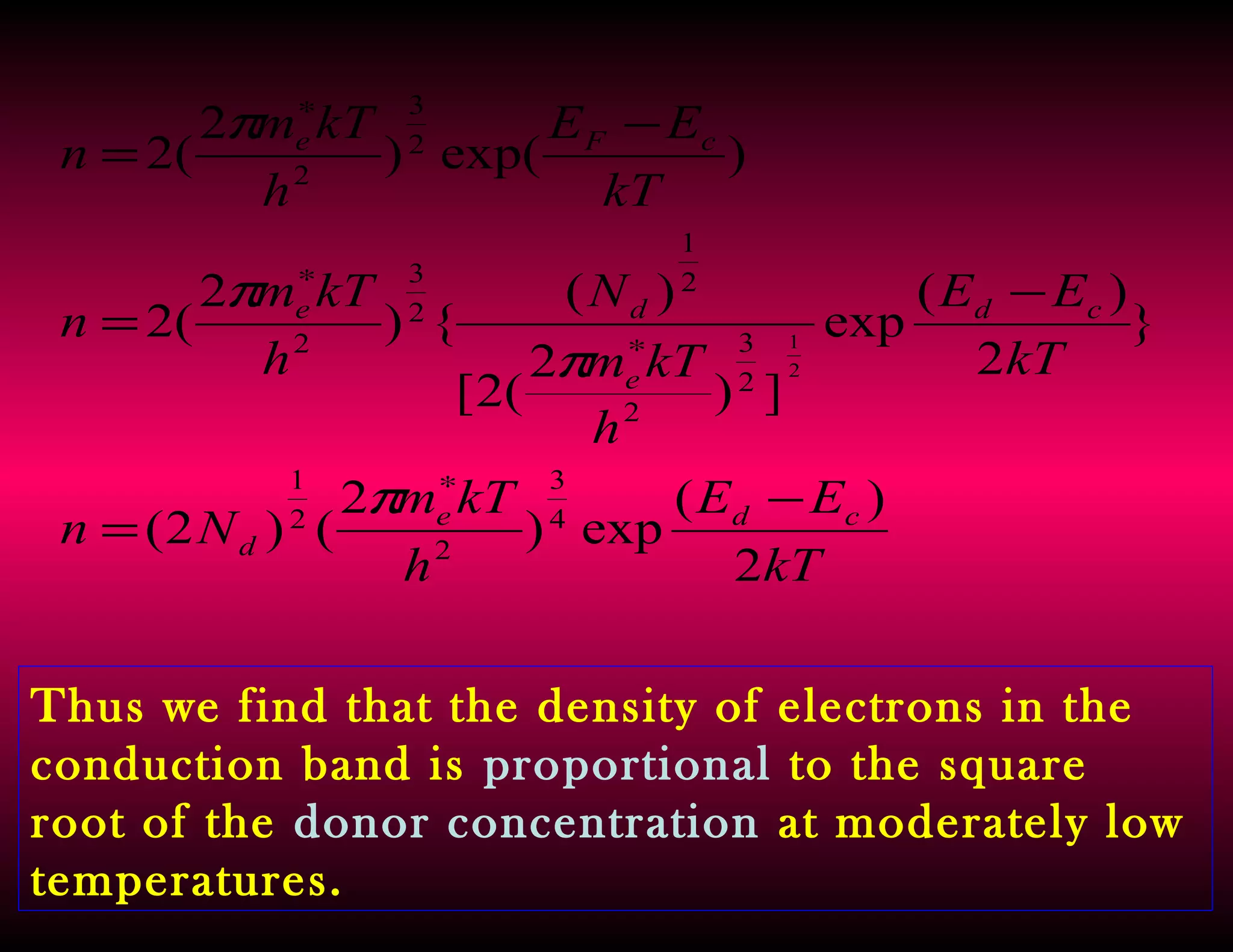 kT
EE
h
kTm
Nn
kT
EE
h
kTm
N
h
kTm
n
kT
EE
h
kTm
n
cde
d
cd
e
de
cFe
2
)(
exp)
2
()2(
}
2
)(
exp
])
2
(2[
)(
{)
2
(2
)exp()
2
(2
4
3
2
2
1
2
3
2
2
1
2
3
2
2
3
2
2
1
−
=
−
=
−
=
∗
∗
∗
∗
π
π
π
π
Thus we find that the density of electrons in the
conduction band is proportional to the square
root of the donor concentration at moderately low
temperatures.
 
