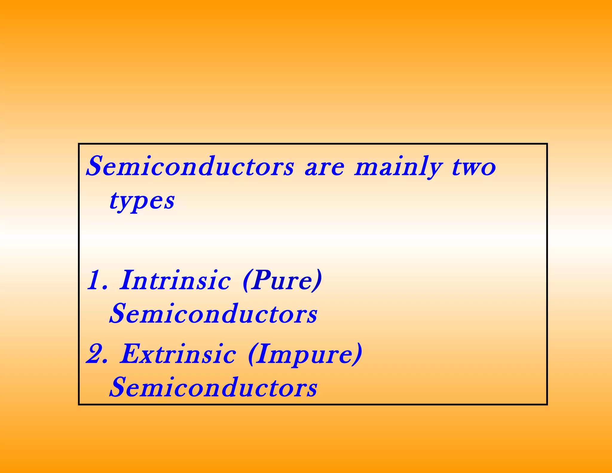 Semiconductors are mainly two
types
1. Intrinsic (Pure)
Semiconductors
2. Extrinsic (Impure)
Semiconductors
 