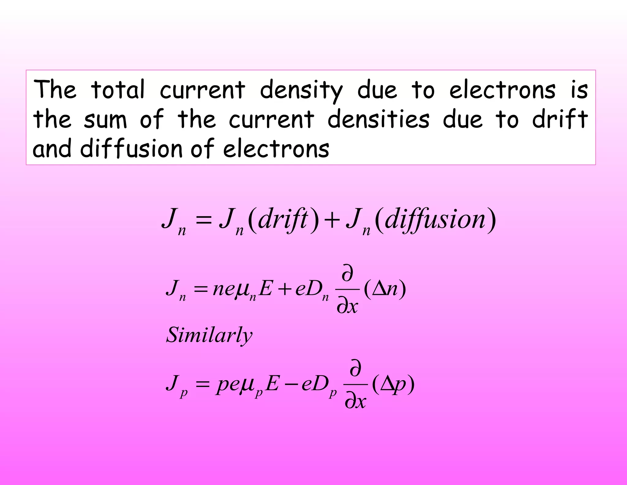 The total current density due to electrons is
the sum of the current densities due to drift
and diffusion of electrons
)()( diffusionJdriftJJ nnn +=
)(
)(
p
x
eDEpeJ
Similarly
n
x
eDEneJ
ppp
nnn
∆
∂
∂
−=
∆
∂
∂
+=
µ
µ
 