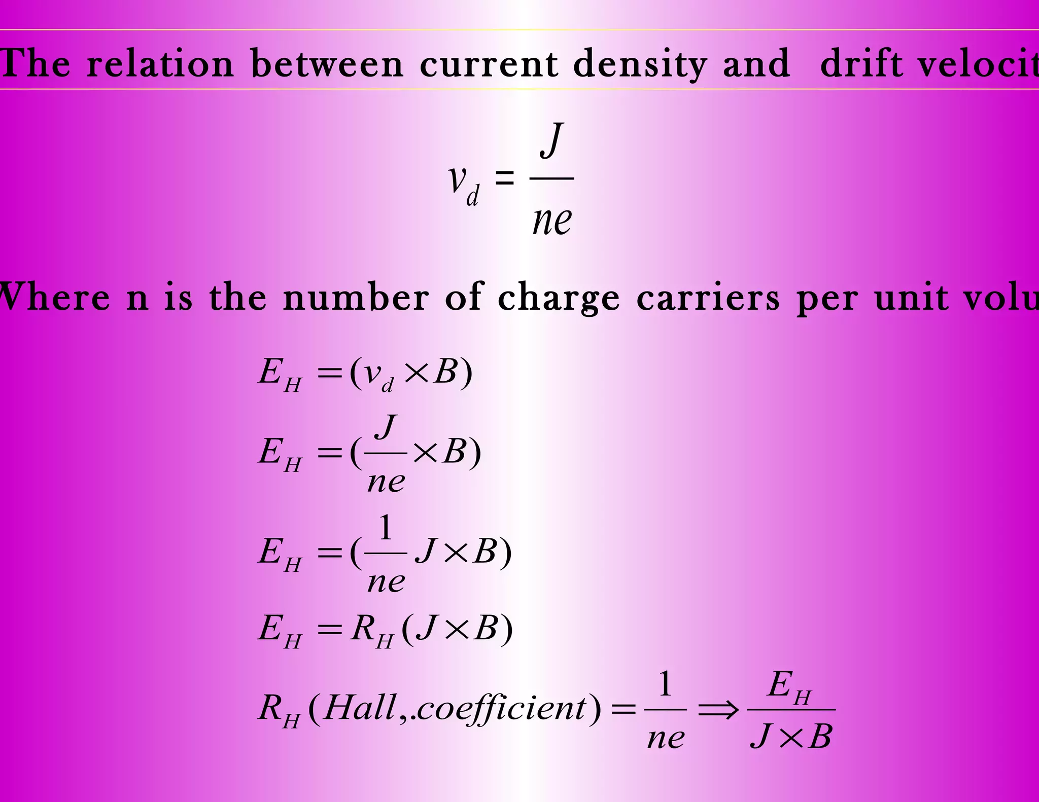 ne
J
vd =
The relation between current density and drift velocit
Where n is the number of charge carriers per unit volu
BJ
E
ne
tcoefficienHallR
BJRE
BJ
ne
E
B
ne
J
E
BvE
H
H
HH
H
H
dH
×
⇒=
×=
×=
×=
×=
1
),.(
)(
)
1
(
)(
)(
 