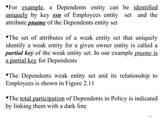 For example, a Dependents entity can be identified 
uniquely by key ssn of Employees entity set and the 
attribute pname of the Dependents entity set 
The set of attributes of a weak entity set that uniquely 
identify a weak entity for a given owner entity is called a 
partial key of the weak entity set. In our example pname is 
a partial key for Dependents 
The Dependents weak entity set and its relationship to 
Employees is shown in Figure 2.11 
The total participation of Dependents in Policy is indicated 
by linking them with a dark line 
101 
 