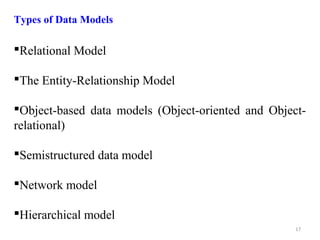 17 
Types of Data Models 
Relational Model 
The Entity-Relationship Model 
Object-based data models (Object-oriented and Object-relational) 
Semistructured data model 
Network model 
Hierarchical model 
 