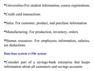 Universities:For student information, course registrations 
Credit card transactions 
Sales: For customer, product, and purchase information 
Manufacturing: For production, inventory, orders 
Human resources: For employees information, salaries, 
tax deductions 
Data base system vs File system 
Consider part of a savings-bank enterprise that keeps 
information about all customers and savings accounts 
2 
 