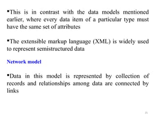 This is in contrast with the data models mentioned 
earlier, where every data item of a particular type must 
have the same set of attributes 
The extensible markup language (XML) is widely used 
to represent semistructured data 
Network model 
Data in this model is represented by collection of 
records and relationships among data are connected by 
links 
25 
 