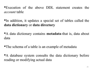 Execution of the above DDL statement creates the 
account table 
In addition, it updates a special set of tables called the 
data dictionary or data directory 
A data dictionary contains metadata-that is, data about 
data 
The schema of a table is an example of metadata 
A database system consults the data dictionary before 
reading or modifying actual data 
29 
 