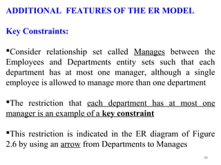 ADDITIONAL FEATURES OF THE ER MODEL 
Key Constraints: 
Consider relationship set called Manages between the 
Employees and Departments entity sets such that each 
department has at most one manager, although a single 
employee is allowed to manage more than one department 
The restriction that each department has at most one 
manager is an example of a key constraint 
This restriction is indicated in the ER diagram of Figure 
2.6 by using an arrow from Departments to Manages 
88 
 