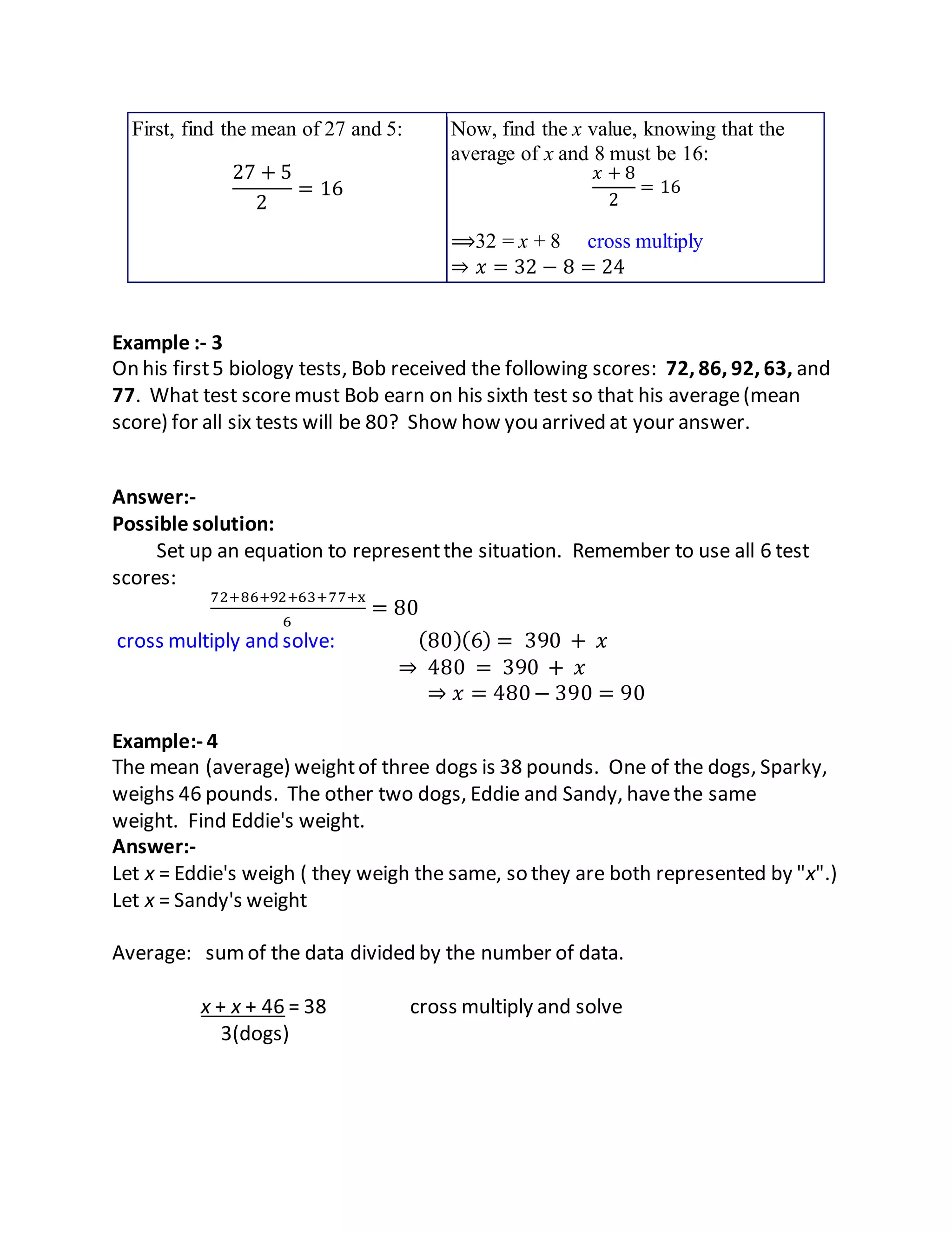 First, find the mean of 27 and 5:
27 + 5
2
= 16
Now, find the x value, knowing that the
average of x and 8 must be 16:
𝑥 + 8
2
= 16
⟹32 = x + 8 cross multiply
⇒ 𝑥 = 32 − 8 = 24
Example :- 3
On his first5 biology tests, Bob received the following scores: 72, 86, 92, 63, and
77. What test scoremust Bob earn on his sixth test so that his average(mean
score) for all six tests will be 80? Show how you arrived at your answer.
Answer:-
Possible solution:
Set up an equation to representthe situation. Remember to use all 6 test
scores:
72+86+92+63+77+x
6
= 80
cross multiply and solve: (80)(6) = 390 + 𝑥
⇒ 480 = 390 + 𝑥
⇒ 𝑥 = 480− 390 = 90
Example:- 4
The mean (average) weightof three dogs is 38 pounds. One of the dogs, Sparky,
weighs 46 pounds. The other two dogs, Eddie and Sandy, havethe same
weight. Find Eddie's weight.
Answer:-
Let x = Eddie's weigh ( they weigh the same, so they are both represented by "x".)
Let x = Sandy's weight
Average: sumof the data divided by the number of data.
x + x + 46 = 38 cross multiply and solve
3(dogs)
 