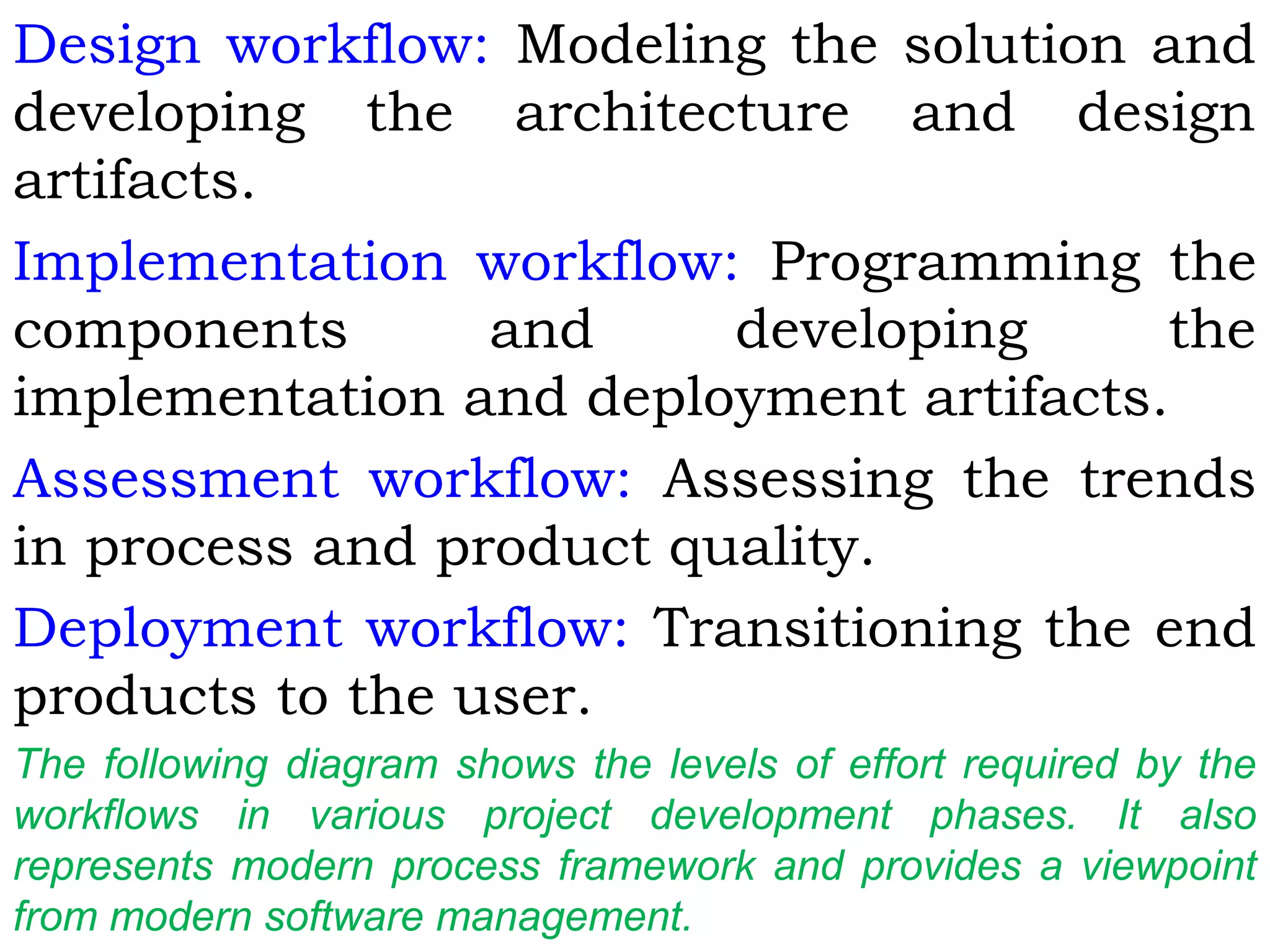 Design workflow: Modeling the solution and
developing the architecture and design
artifacts.
Implementation workflow: Programming the
components and developing the
implementation and deployment artifacts.
Assessment workflow: Assessing the trends
in process and product quality.
Deployment workflow: Transitioning the end
products to the user.
The following diagram shows the levels of effort required by the
workflows in various project development phases. It also
represents modern process framework and provides a viewpoint
from modern software management.
 