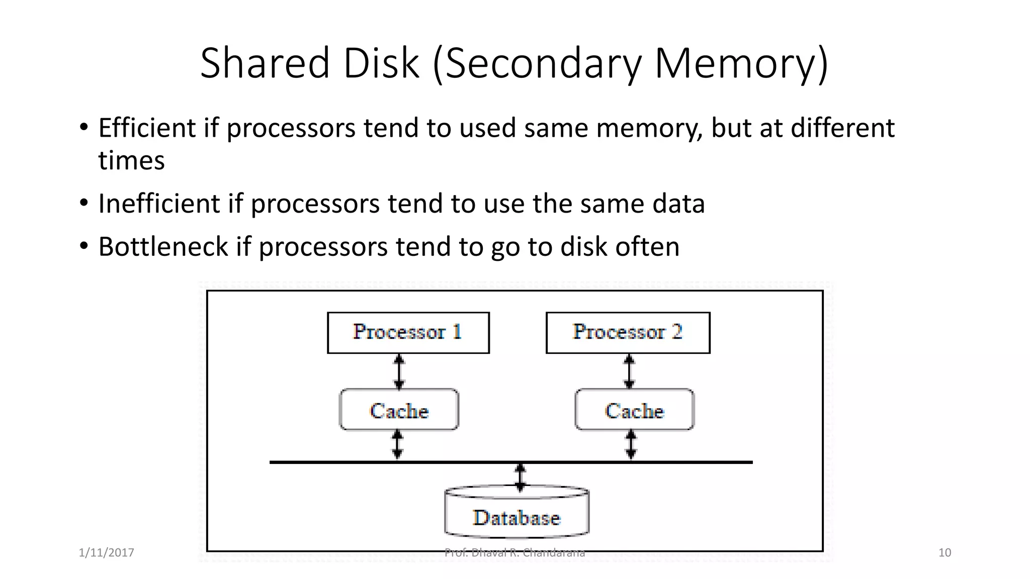 Shared Disk (Secondary Memory) • Efficient if processors tend to used same memory, but at different times • Inefficient if processors tend to use the same data • Bottleneck if processors tend to go to disk often 1/11/2017 10Prof. Dhaval R. Chandarana 