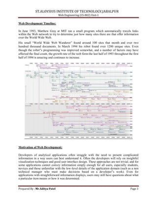 ST.ALOYSIUS INSTITUTE OF TECHNOLOGY,JABALPUR
Web Engineering (CS-802) Unit-1
Web Development Timeline:
In June 1993, Matthew Gray at MIT ran a small program which automatically travels links
within the Web network to try to determine just how many sites there are that offer information
over the World Wide Web.
His small ―World Wide Web Wanderer‖ found around 100 sites that month and over two
hundred thousand documents. In March 1994 his robot found over 1200 unique sites. Even
though the robot‟s programming was improved somewhat, and a number of factors may have
affected the final count, the growth rate of the web form the last half of 1993 throughout the first
half of 1994 is amazing and continues to increase.
Motivation of Web Development:
Developers of analytical applications often struggle with the need to present complicated
information in a way users can best understand it. Often the developers will rely on insightful
visualization techniques and good user interface design. These approaches are not trivial, and for
some applications cannot convey information simply enough for all users, especially students,
novices and those unfamiliar with the low-level details of the application domain (such as a non
technical manager who must make decisions based on a developer‟s work). Even for
applications with straightforward information displays, users may still have questions about what
a particular item means or how it was determined.
Prepared By : Mr.Aditya Patel Page 3
 