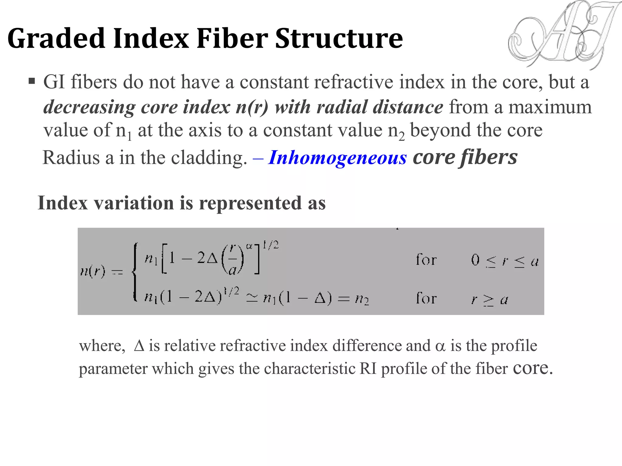  GI fibers do not have a constant refractive index in the core, but a
decreasing core index n(r) with radial distance from a maximum
value of n1 at the axis to a constant value n2 beyond the core
Radius a in the cladding. – Inhomogeneous core fibers
Index variation is represented as
where,  is relative refractive index difference and  is the profile
parameter which gives the characteristic RI profile of the fiber core.
Graded Index Fiber Structure
 