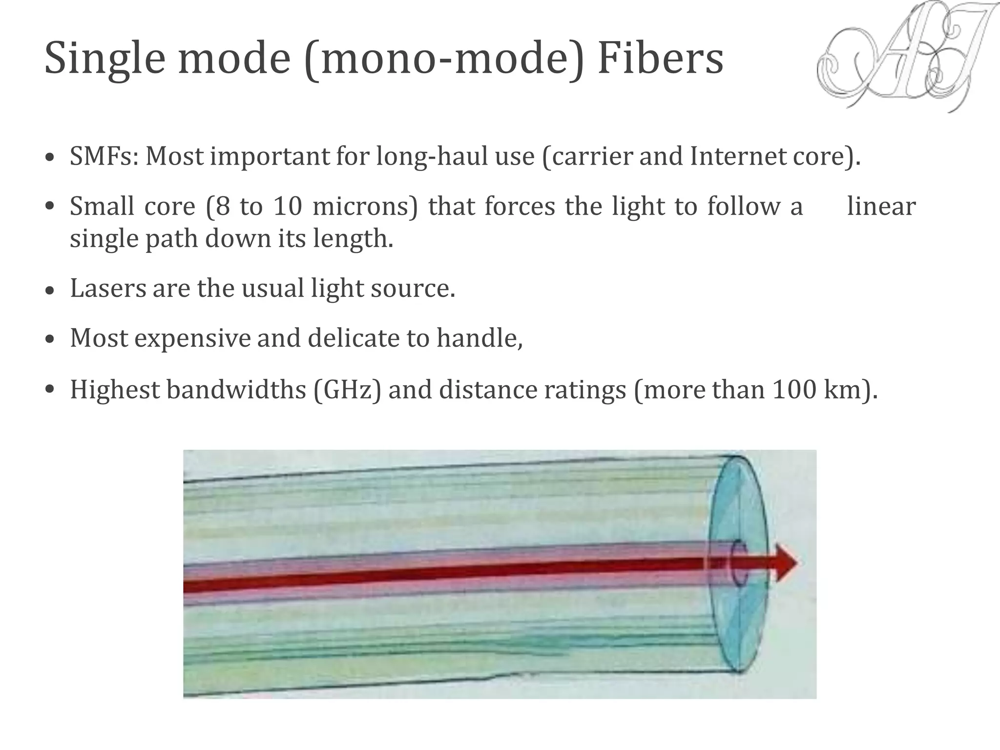 Single mode (mono-mode) Fibers
•
•
SMFs: Most important for long-haul use (carrier and Internet core).
Small core (8 to 10 microns) that forces the light to follow a
single path down its length.
Lasers are the usual light source.
Most expensive and delicate to handle,
linear
•
•
• Highest bandwidths (GHz) and distance ratings (more than 100 km).
 