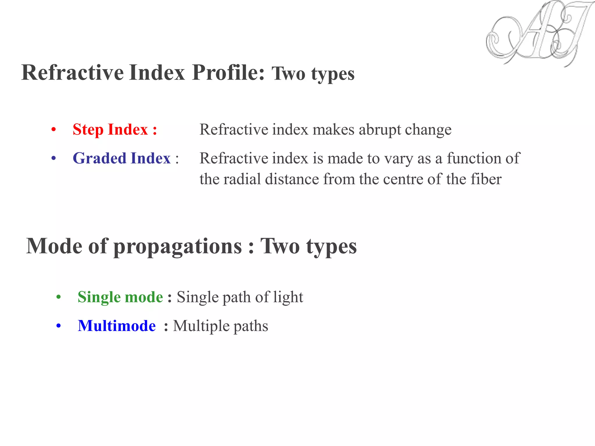 Refractive Index Profile: Two types
•
•
Step Index :
Graded Index :
Refractive index makes abrupt change
Refractive index is made to vary as a function of
the radial distance from the centre of the fiber
Mode of propagations : Two types
•
•
Single mode : Single path of light
Multimode : Multiple paths
 