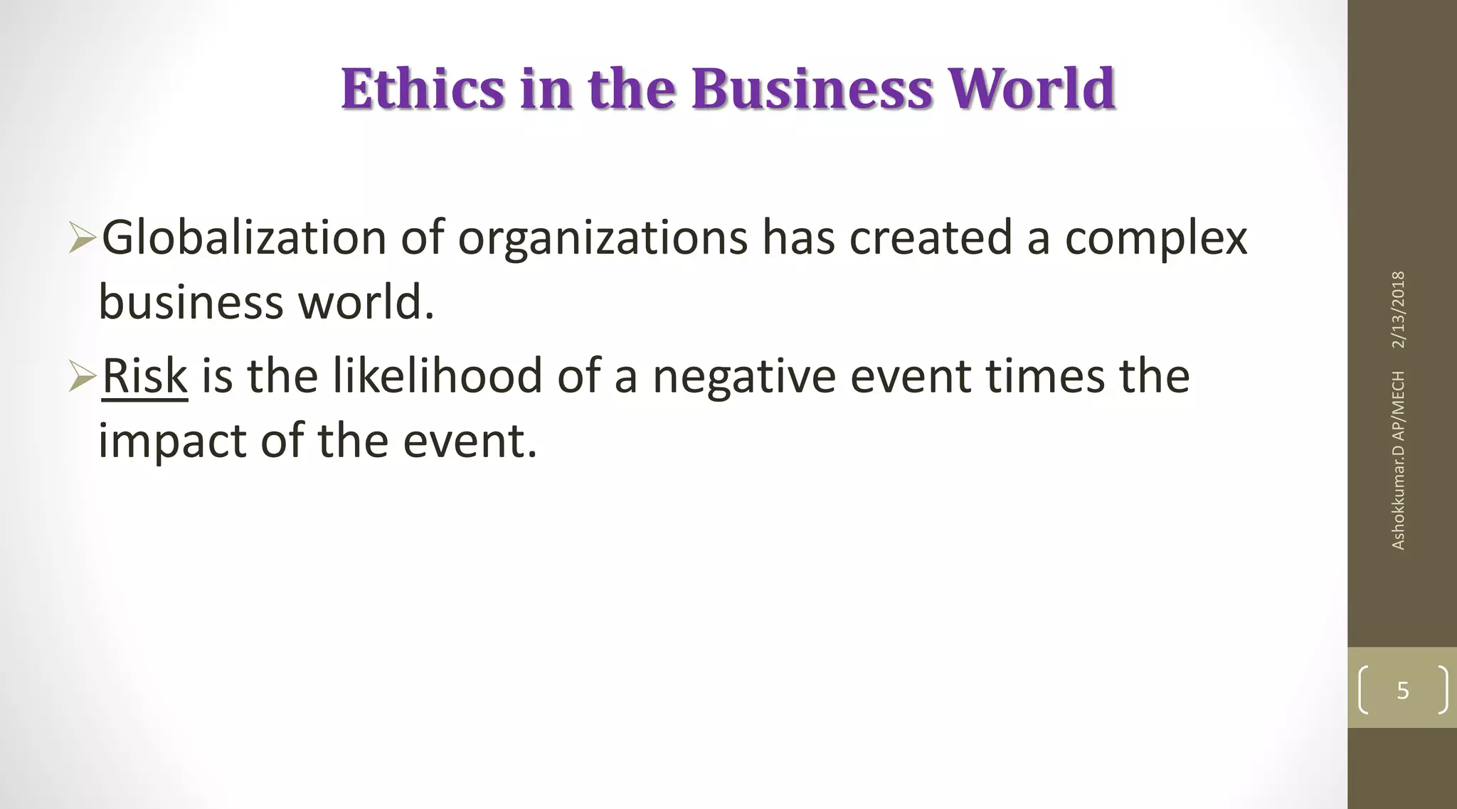 2/13/2018Ashokkumar.DAP/MECH
5
Ethics in the Business World
Globalization of organizations has created a complex
business world.
Risk is the likelihood of a negative event times the
impact of the event.
 