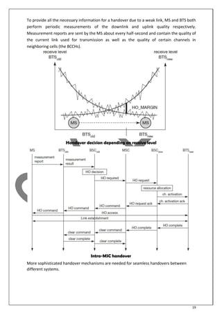 19
To provide all the necessary information for a handover due to a weak link, MS and BTS both
perform periodic measurements of the downlink and uplink quality respectively.
Measurement reports are sent by the MS about every half-second and contain the quality of
the current link used for transmission as well as the quality of certain channels in
neighboring cells (the BCCHs).
Handover decision depending on receive level
Intra-MSC handover
More sophisticated handover mechanisms are needed for seamless handovers between
different systems.
 