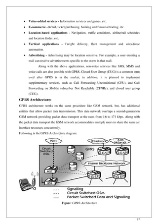 27
 Value-added services - Information services and games, etc.
 E-commerce - Retail, ticket purchasing, banking and financial trading, etc.
 Location-based applications - Navigation, traffic conditions, airline/rail schedules
and location finder, etc.
 Vertical applications - Freight delivery, fleet management and sales-force
automation.
 Advertising - Advertising may be location sensitive. For example, a user entering a
mall can receive advertisements specific to the stores in that mall.
Along with the above applications, non-voice services like SMS, MMS and
voice calls are also possible with GPRS. Closed User Group (CUG) is a common term
used after GPRS is in the market, in addition, it is planned to implement
supplementary services, such as Call Forwarding Unconditional (CFU), and Call
Forwarding on Mobile subscriber Not Reachable (CFNRc), and closed user group
(CUG).
GPRS Architecture:
GPRS architecture works on the same procedure like GSM network, but, has additional
entities that allow packet data transmission. This data network overlaps a second-generation
GSM network providing packet data transport at the rates from 9.6 to 171 kbps. Along with
the packet data transport the GSM network accommodates multiple users to share the same air
interface resources concurrently.
Following is the GPRS Architecture diagram:
Figure: GPRS Architecture
 