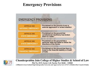 Chanderprabhu Jain College of Higher Studies & School of Law
Plot No. OCF, Sector A-8, Narela, New Delhi – 110040
(Affiliated to Guru Gobind Singh Indraprastha University and Approved by Govt of NCT of Delhi & Bar Council of India)
Emergency Provisions
 