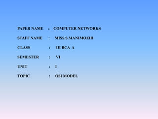 PAPER NAME : COMPUTER NETWORKS
STAFF NAME : MISS.S.MANIMOZHI
CLASS : III BCA A
SEMESTER : VI
UNIT : I
TOPIC : OSI MODEL
 