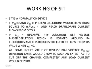 WORKING OF SIT
• SIT IS A NORMALLY ON DEVICE
• IF VGS =0 AND VDS IS PRESENT ,ELECTRONS WOULD FLOW FROM
SOURCE TO n,P+,n-, n+ AND REACH DRAIN.DRAIN CURRENT
FLOWS FROM D TO S.
• IF VGS = NEGATIVE, P+n- JUNCTIONS GET REVERSE
BIASED.DEPLETION REGION IS FORMED AROUND P+
ELECTRODES AND THIS REDUCES THE CURRENT FLOW FROM ITS
VALUE WHEN VGS =0.
• AT SOME HIGHER VALUE OF REVERSE BIAS VOLTAGE VGS ,THE
DEPLETION LAYER WOULD GROW TO SUCH AN EXTENT AS TO
CUT OFF THE CHANNEL COMPLETELY AND LOAD CURRENT
WOULD BE ZERO.
8/1/2019
 