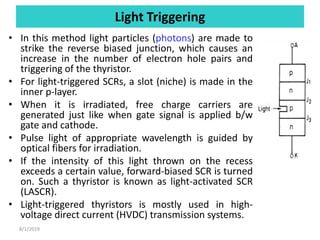 Light Triggering
• In this method light particles (photons) are made to
strike the reverse biased junction, which causes an
increase in the number of electron hole pairs and
triggering of the thyristor.
• For light-triggered SCRs, a slot (niche) is made in the
inner p-layer.
• When it is irradiated, free charge carriers are
generated just like when gate signal is applied b/w
gate and cathode.
• Pulse light of appropriate wavelength is guided by
optical fibers for irradiation.
• If the intensity of this light thrown on the recess
exceeds a certain value, forward-biased SCR is turned
on. Such a thyristor is known as light-activated SCR
(LASCR).
• Light-triggered thyristors is mostly used in high-
voltage direct current (HVDC) transmission systems.
8/1/2019
 